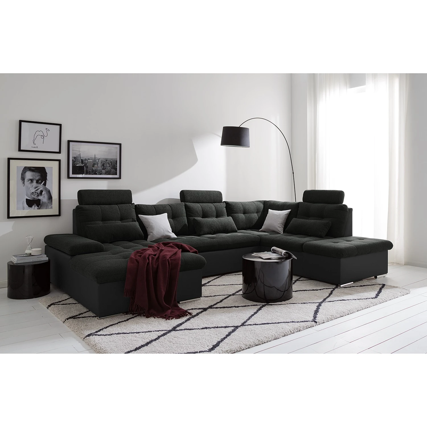 Fredriks Wohnlandschaft Puntiro I - Kunstleder Lilo / Strukturstoff Satur: Schwarz / Anthrazit - Longchair davorstehend links / Ottomane rechts 2 Fredriks Wohnlandschaft Puntiro I - Kunstleder Lilo / Strukturstoff Satur: Schwarz / Anthrazit - Longchair davorstehend links / Ottomane rechts – Bild 2