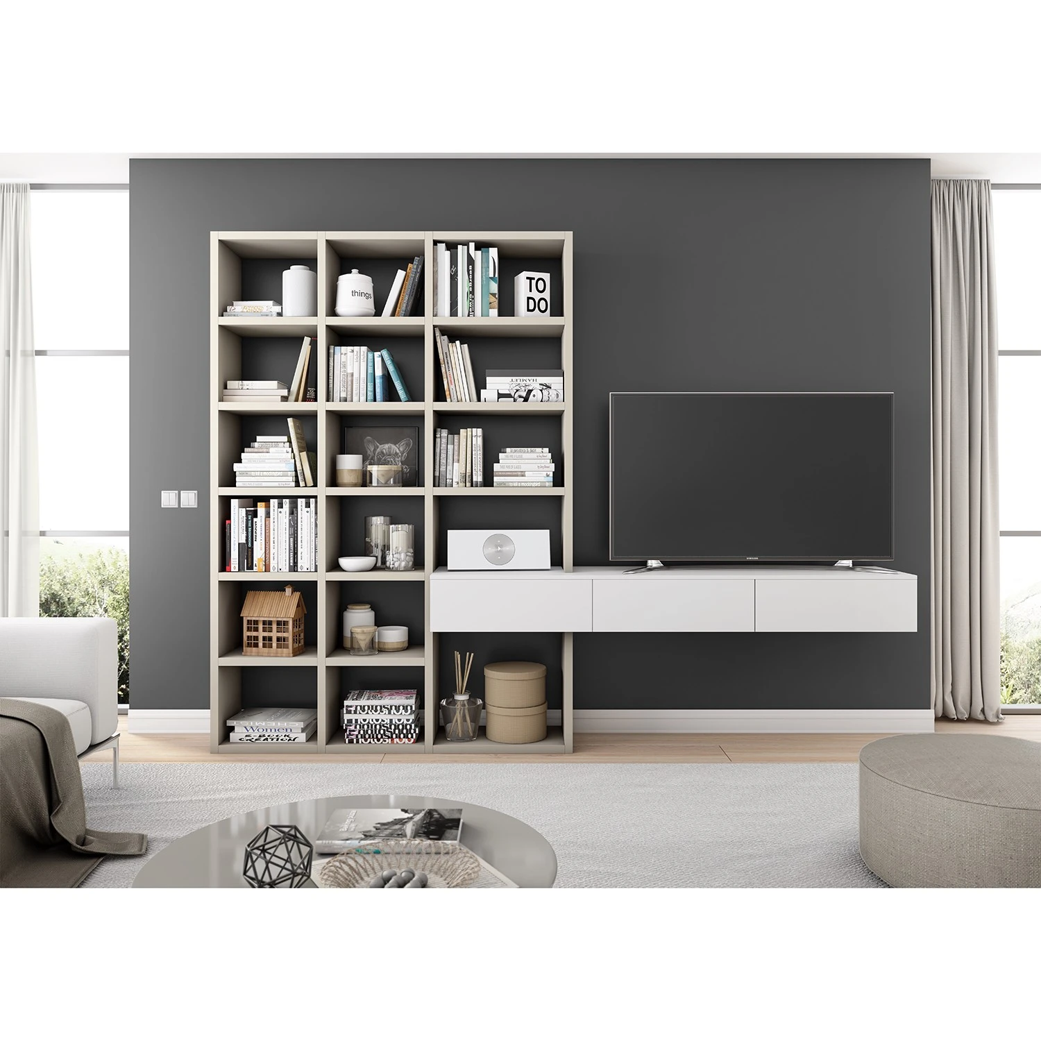 Loftscape TV-Wand Emporior III - Matt Weiß / Matt Hellbeige - Breite: 294 cm 1 Loftscape TV-Wand Emporior III - Matt Weiß / Matt Hellbeige - Breite: 294 cm