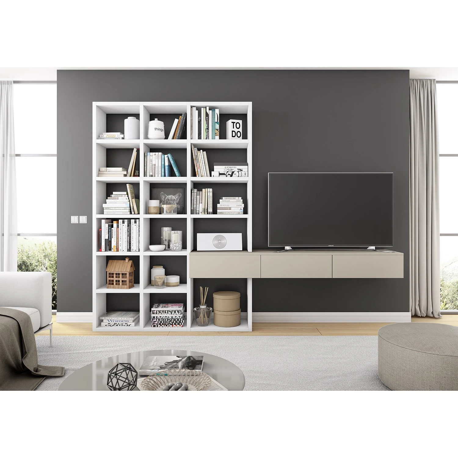 Loftscape TV-Wand Emporior III - Matt Hellbeige / Matt Weiß - Breite: 294 cm 1 Loftscape TV-Wand Emporior III - Matt Hellbeige / Matt Weiß - Breite: 294 cm