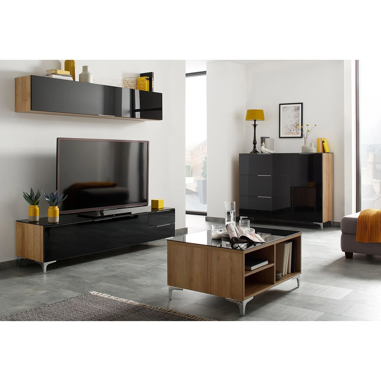 Maja Möbel TV-Lowboard Shino IV - Glas Schwarz / Eiche Riviera Dekor 3 Maja Möbel TV-Lowboard Shino IV - Glas Schwarz / Eiche Riviera Dekor – Bild 3