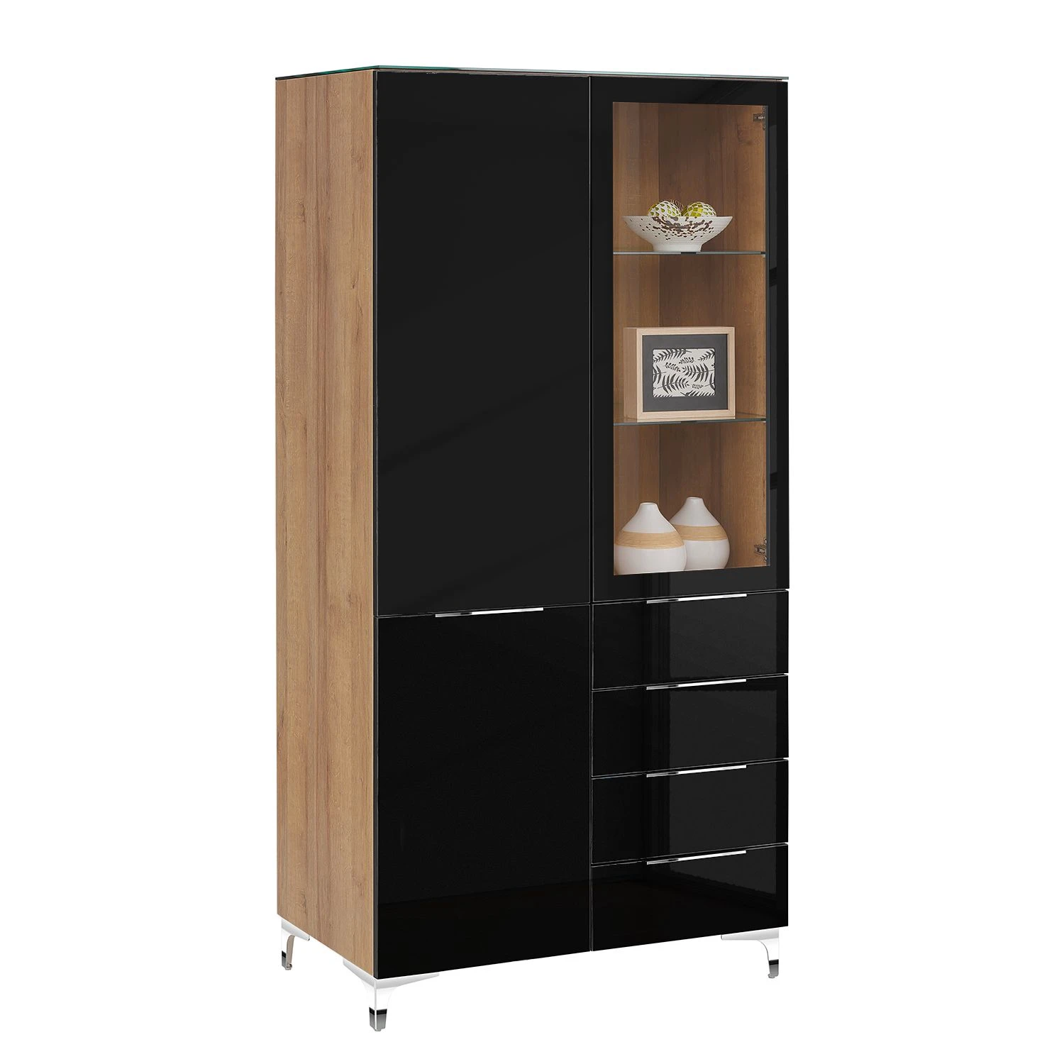 Maja Möbel Vitrinenschrank Shino - Inkl. Beleuchtung - Glas Schwarz / Eiche Riviera Dekor 1 Maja Möbel Vitrinenschrank Shino - Inkl. Beleuchtung - Glas Schwarz / Eiche Riviera Dekor