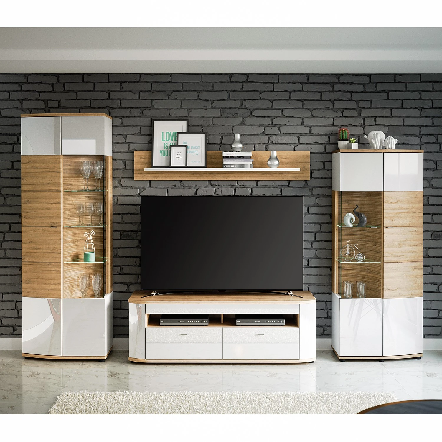 Loftscape Wohnkombination Jaguare (4-teilig) - Hochglanz Weiß / Eiche Ribbeck Dekor 1 Loftscape Wohnkombination Jaguare (4-teilig) - Hochglanz Weiß / Eiche Ribbeck Dekor