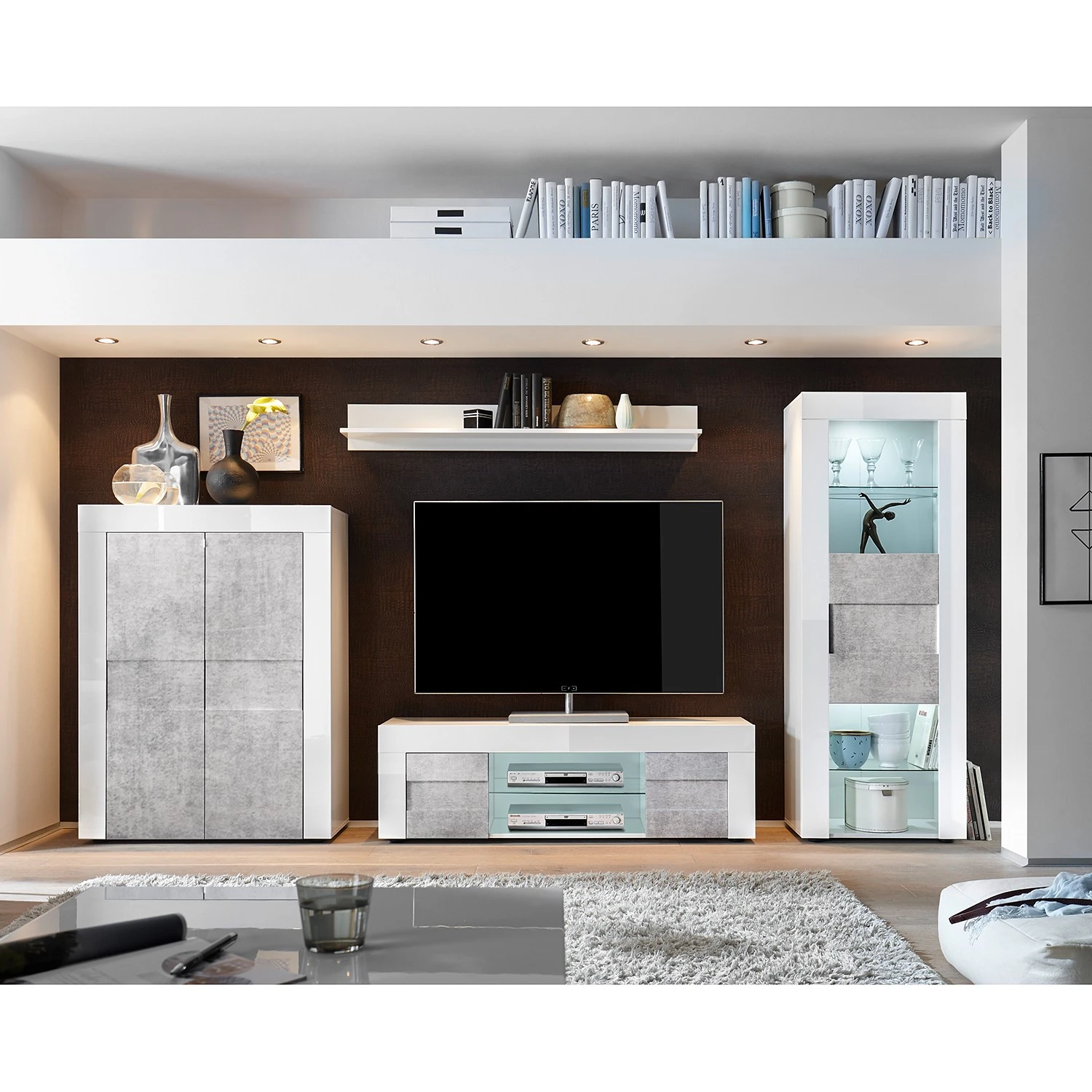 LC Spa Highboard Easy - Hochglanz Weiß / Beton Dekor 2 LC Spa Highboard Easy - Hochglanz Weiß / Beton Dekor – Bild 2