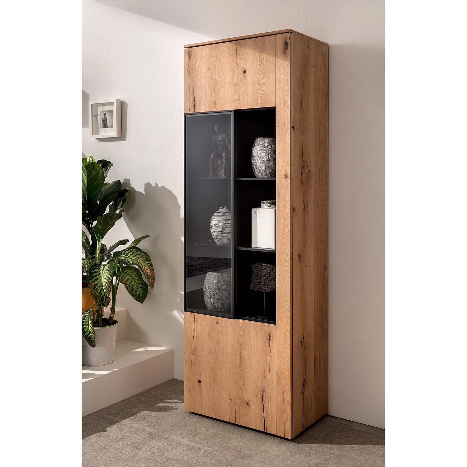 GWINNER Standvitrine Style - Echtholzfurnier / Metall - Eiche / Anthrazit 2 GWINNER Standvitrine Style - Echtholzfurnier / Metall - Eiche / Anthrazit – Bild 2