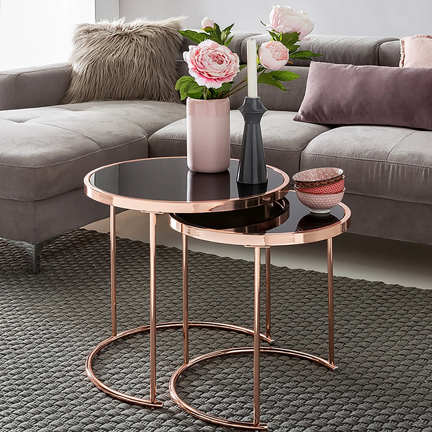 Jack & Alice Beistelltisch Cassapolis (2er-Set) - Glas / Metall - Schwarz / Kupfer 3 Jack & Alice Beistelltisch Cassapolis (2er-Set) - Glas / Metall - Schwarz / Kupfer – Bild 3