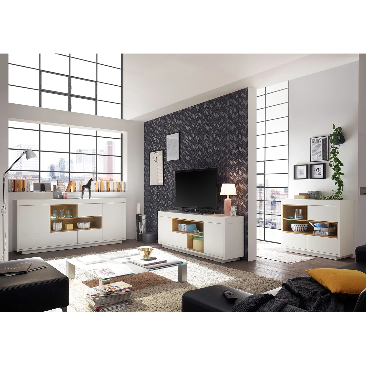 Loftscape TV-Lowboard Kuusaa - Weiß / Eiche Dekor - Breite: 168 cm 2 Loftscape TV-Lowboard Kuusaa - Weiß / Eiche Dekor - Breite: 168 cm – Bild 2