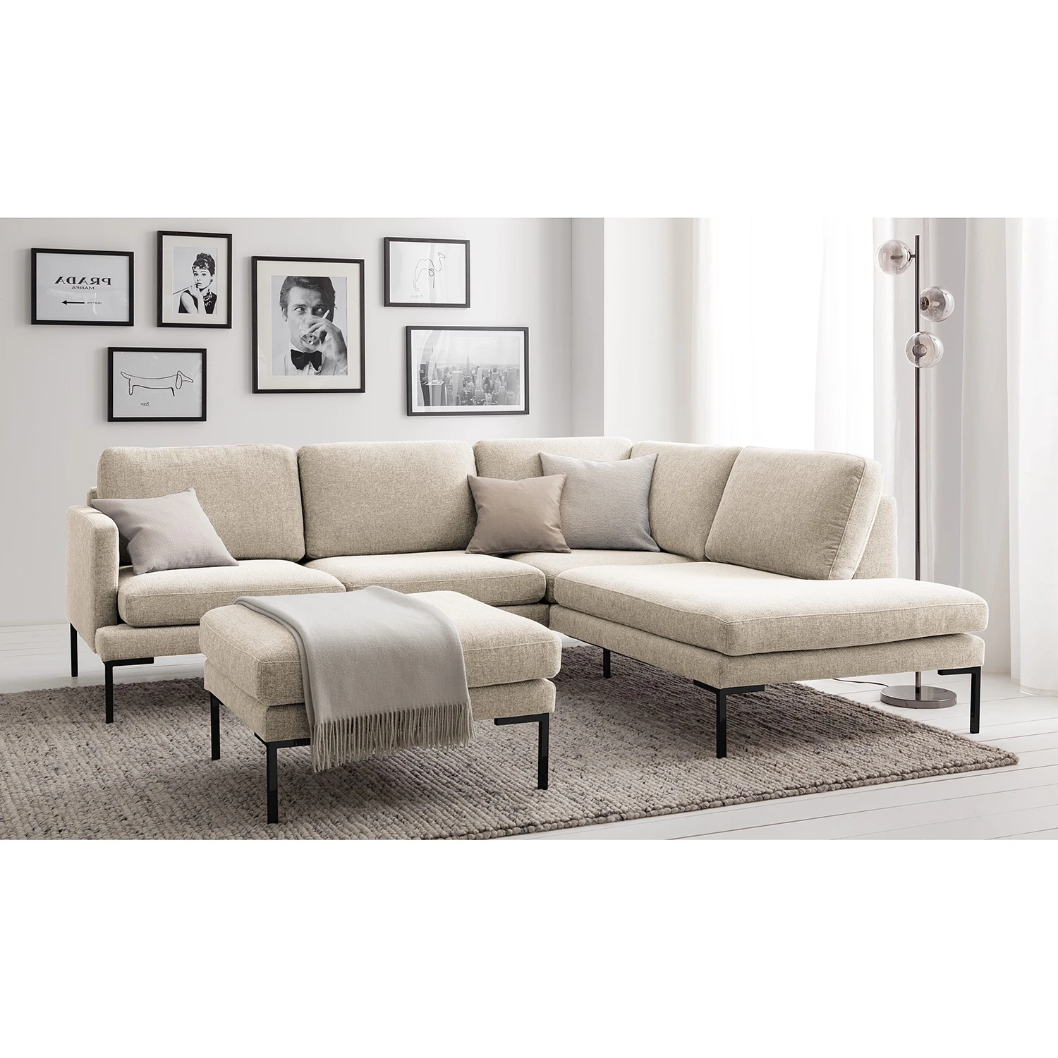 Fredriks Ecksofa Bellaire - Mischgewebe - Hellbeige - Ottomane davorstehend rechts - Schwarz 2 Fredriks Ecksofa Bellaire - Mischgewebe - Hellbeige - Ottomane davorstehend rechts - Schwarz – Bild 2