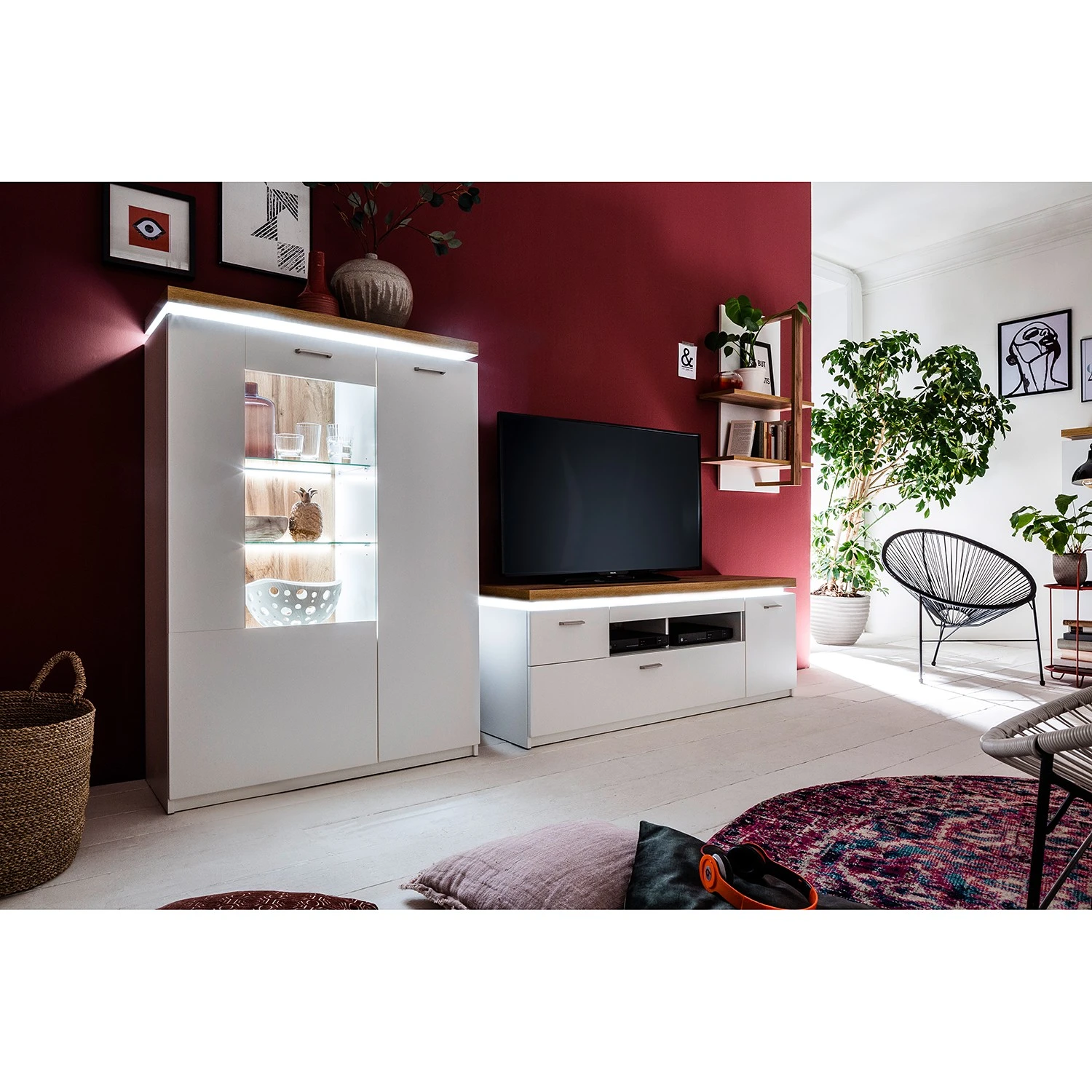 Loftscape Wohnwand Mundai II (3-teilig) - Inkl. Beleuchtung - Weiß / Eiche Wotan Dekor 2 Loftscape Wohnwand Mundai II (3-teilig) - Inkl. Beleuchtung - Weiß / Eiche Wotan Dekor – Bild 2