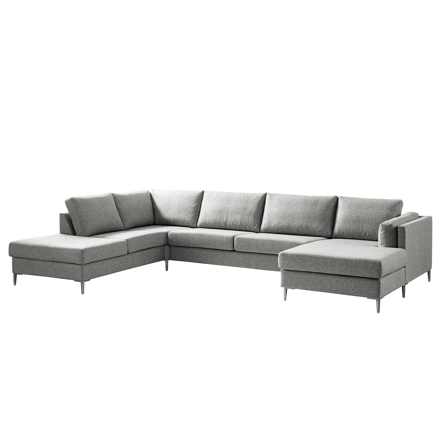 Studio Copenhagen Wohnlandschaft COSO Classic+ - Webstoff Inze: Hellgrau - Longchair davorstehend rechts / Ottomane links - Bettkasten - Chrom glänzend 1 Studio Copenhagen Wohnlandschaft COSO Classic+ - Webstoff Inze: Hellgrau - Longchair davorstehend rechts / Ottomane links - Bettkasten - Chrom glänzend