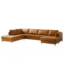 Studio Copenhagen Wohnlandschaft COSO Classic+ - Echtleder Taru: Hellbraun - Longchair davorstehend rechts / Ottomane links - Bettkasten - Chrom glänzend