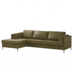 Studio Copenhagen Ecksofa COSO Classic+ mit Longchair - Echtleder Taru: Olivgrün - Breite: 287 cm - Longchair davorstehend links - Eiche Dunkel