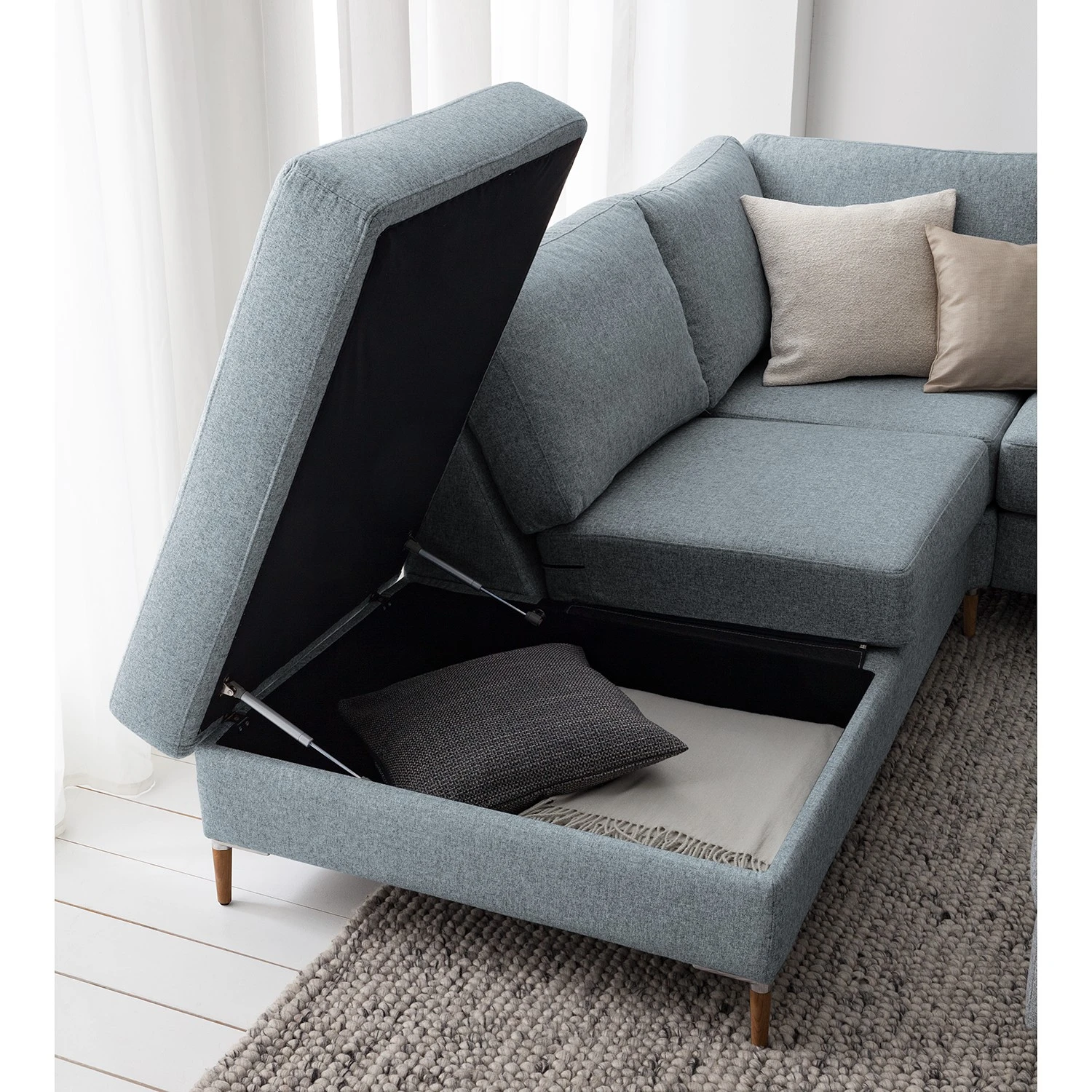 Studio Copenhagen Ecksofa COSO Classic+ mit Ottomane - Webstoff Inze: Graublau - Breite: 245 cm - Ottomane davorstehend links - Bettkasten - Eiche Dunkel 11 Studio Copenhagen Ecksofa COSO Classic+ mit Ottomane - Webstoff Inze: Graublau - Breite: 245 cm - Ottomane davorstehend links - Bettkasten - Eiche Dunkel – Bild 11