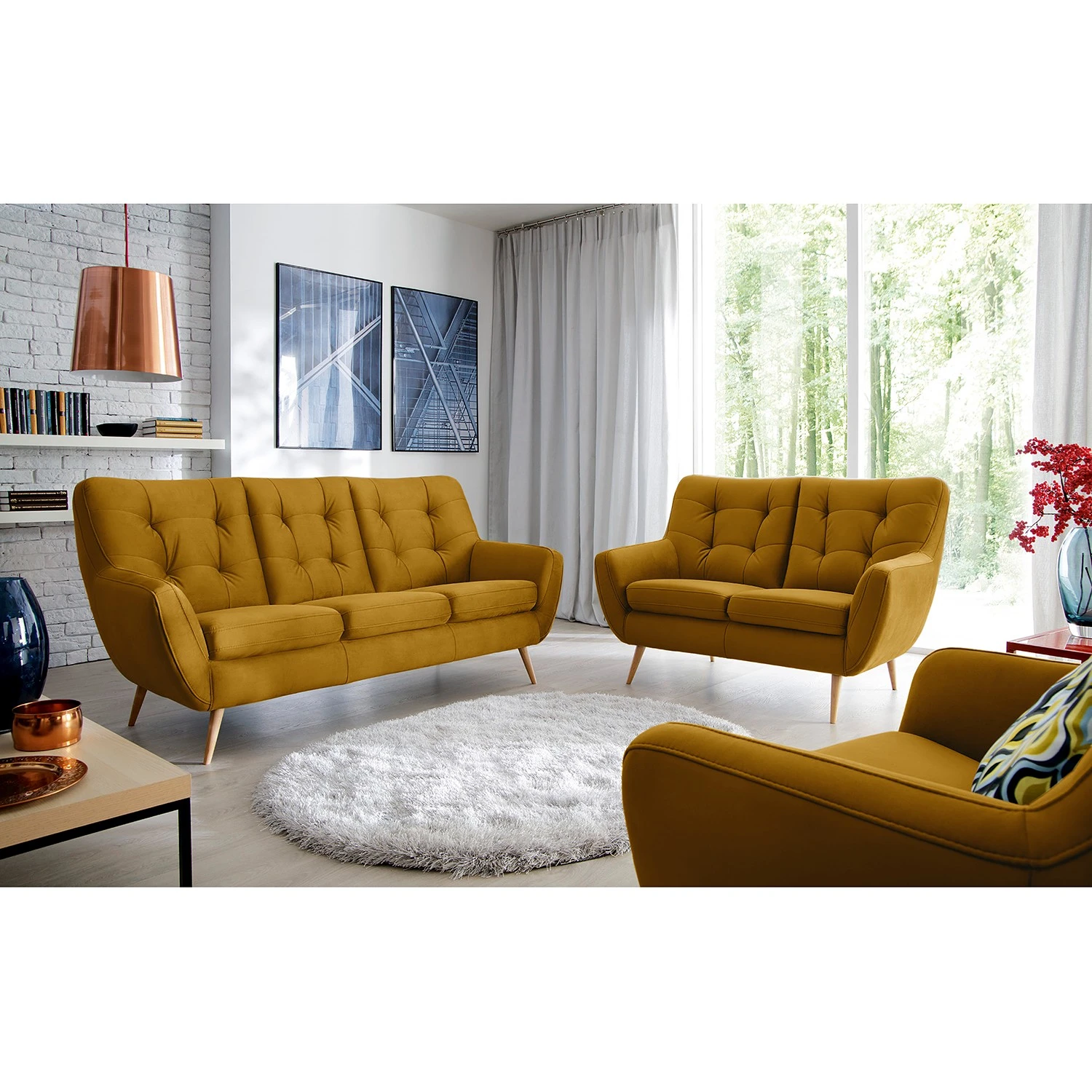 Fredriks Polstergarnitur Sawston I (3-2) - Samt - Olivgelb 2 Fredriks Polstergarnitur Sawston I (3-2) - Samt - Olivgelb – Bild 2