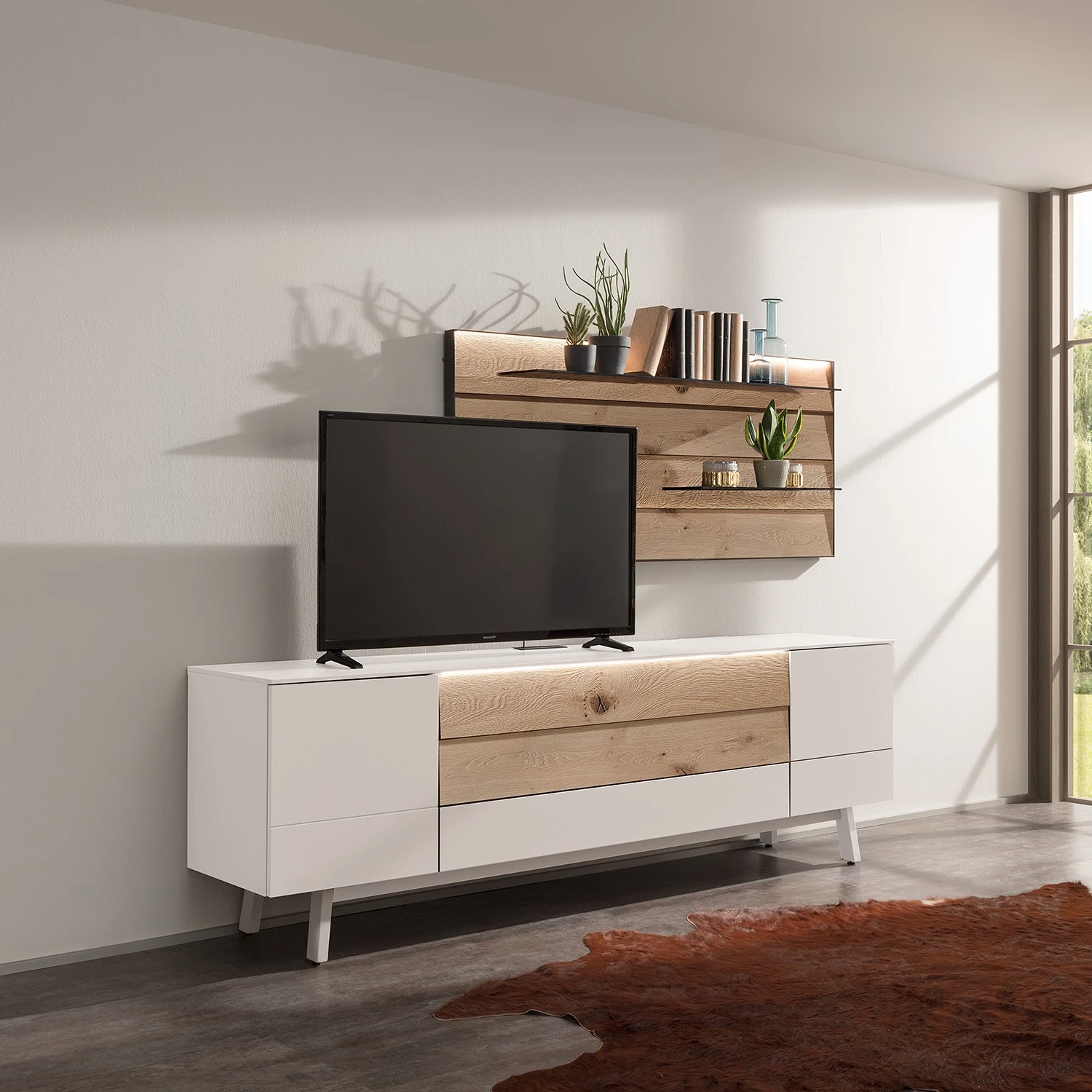 GWINNER Wohnkombination Misano III (2-teilig) - Weiß / Wildeiche - Mit Beleuchtung 1 GWINNER Wohnkombination Misano III (2-teilig) - Weiß / Wildeiche - Mit Beleuchtung