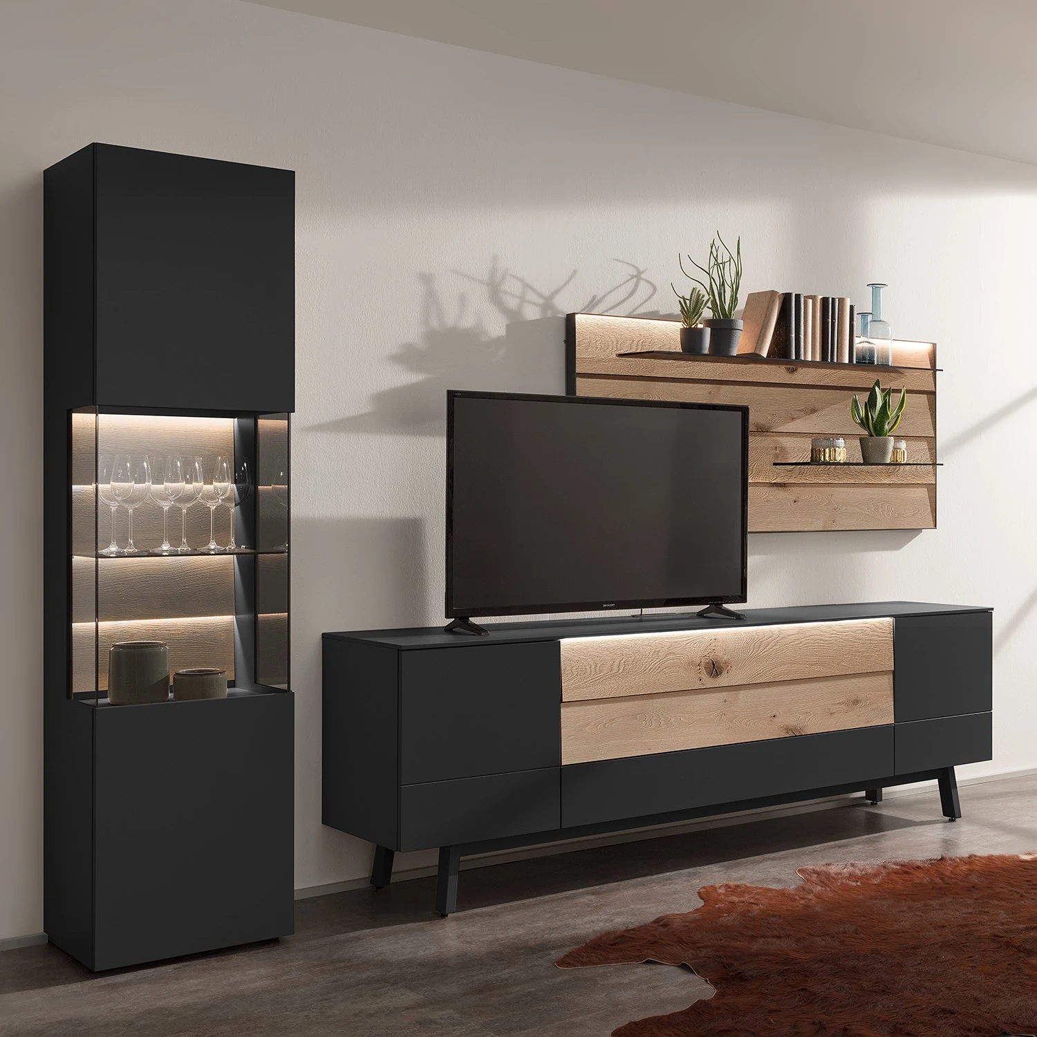 GWINNER Wohnkombination Misano II (3-teilig) - Anthrazit / Wildeiche - Mit Beleuchtung 1 GWINNER Wohnkombination Misano II (3-teilig) - Anthrazit / Wildeiche - Mit Beleuchtung