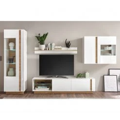 Loftscape Wohnwand Cailla II (4-teilig) - Hochglanz Weiß / Eiche Dekor