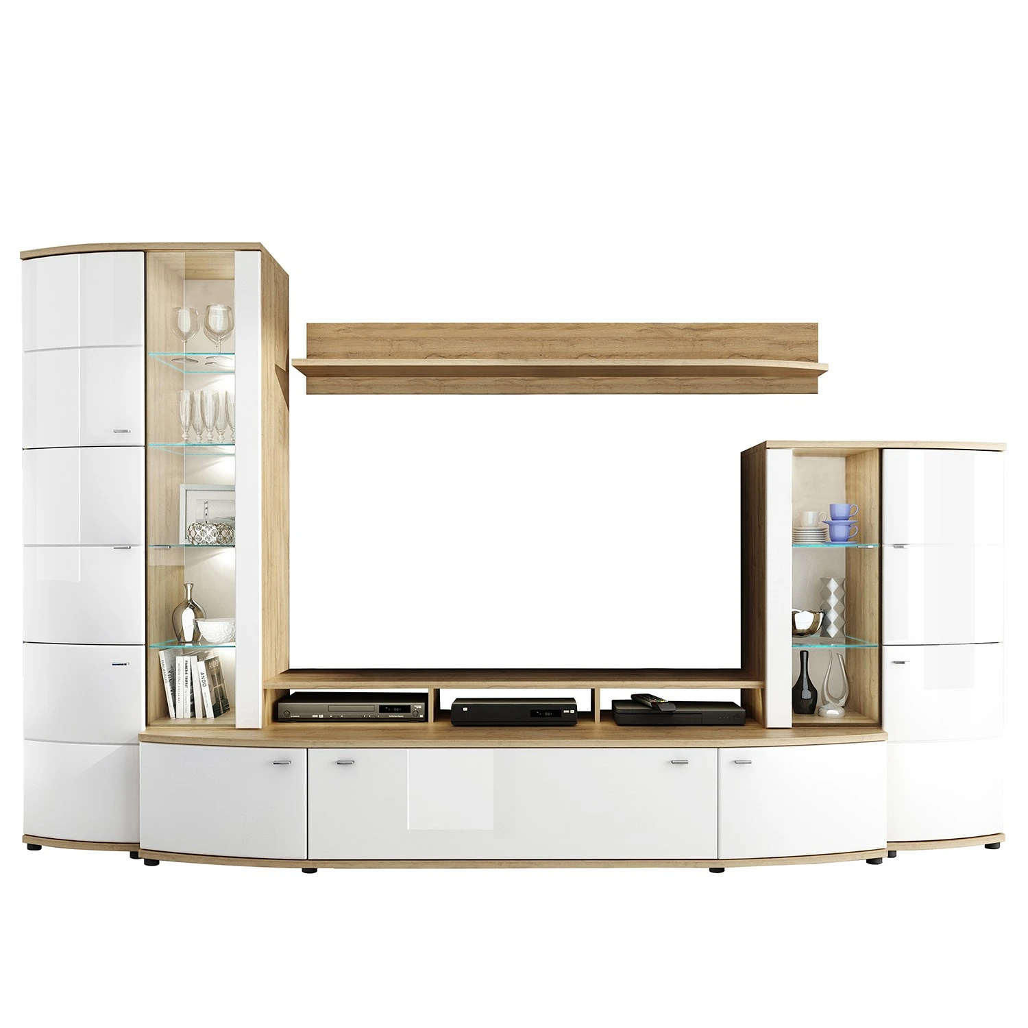 Loftscape Wohnwand Colcord (4-teilig) - Hochglanz Weiß / Eiche Dekor 2 Loftscape Wohnwand Colcord (4-teilig) - Hochglanz Weiß / Eiche Dekor – Bild 2