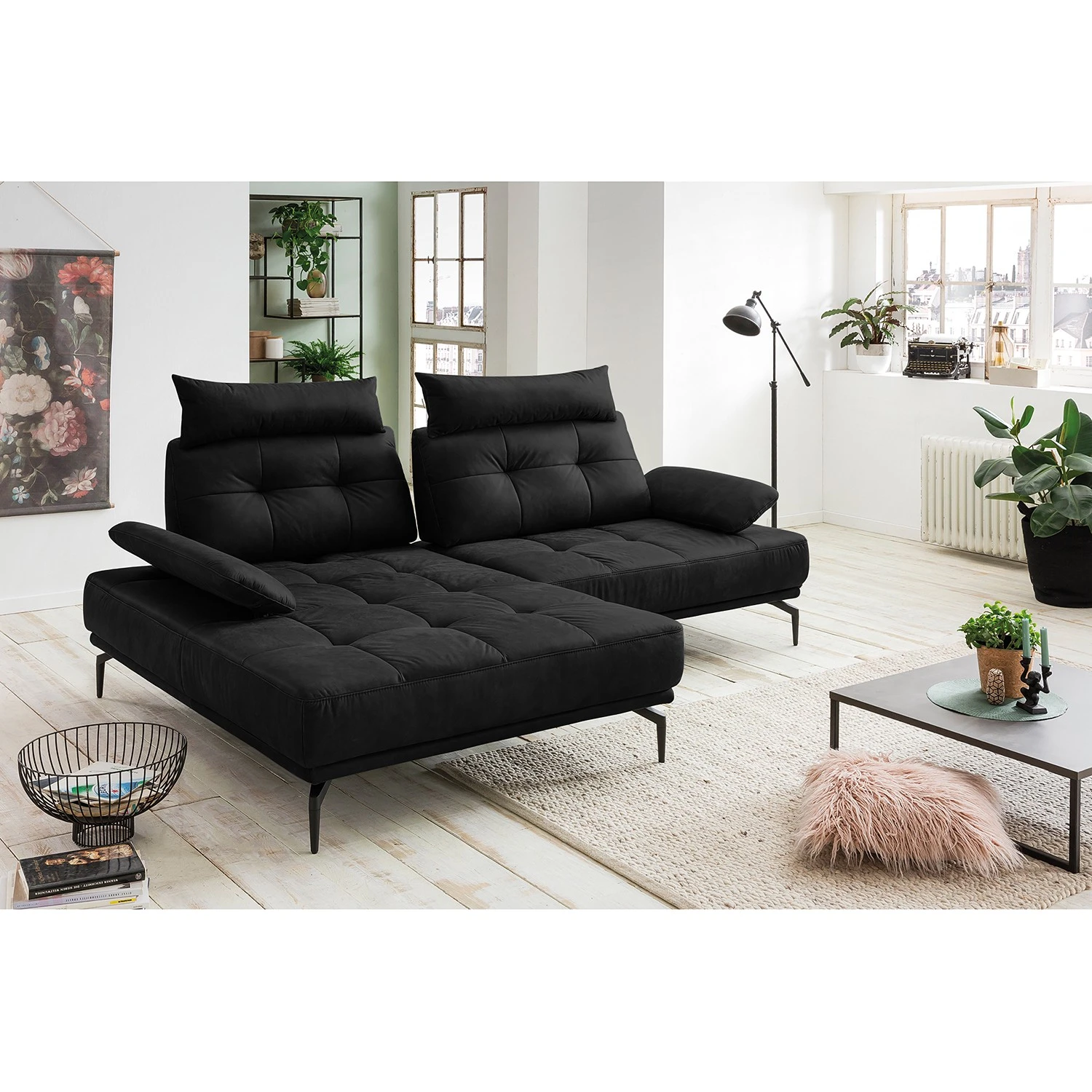 Fredriks Ecksofa Linville - Echtleder Poas: Schwarz - Breite: 258 cm - Longchair davorstehend links - Mit Kopfstütze 2 Fredriks Ecksofa Linville - Echtleder Poas: Schwarz - Breite: 258 cm - Longchair davorstehend links - Mit Kopfstütze – Bild 2