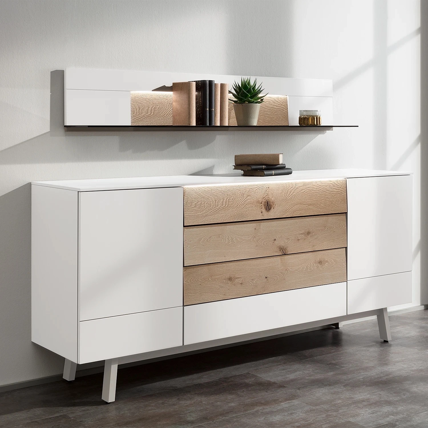 GWINNER Wandboard Misano - Echtholzfurnier / Glas - Weiß / Wildeiche - Mit Beleuchtung 2 GWINNER Wandboard Misano - Echtholzfurnier / Glas - Weiß / Wildeiche - Mit Beleuchtung – Bild 2