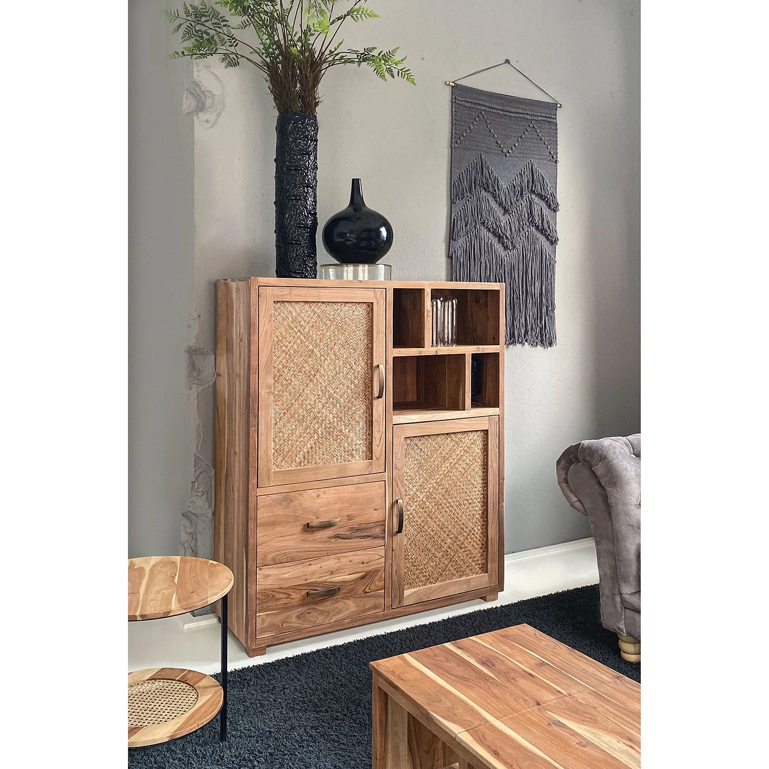 Naturoo Highboard Valenton - Akazie massiv / Rattan 2 Naturoo Highboard Valenton - Akazie massiv / Rattan – Bild 2