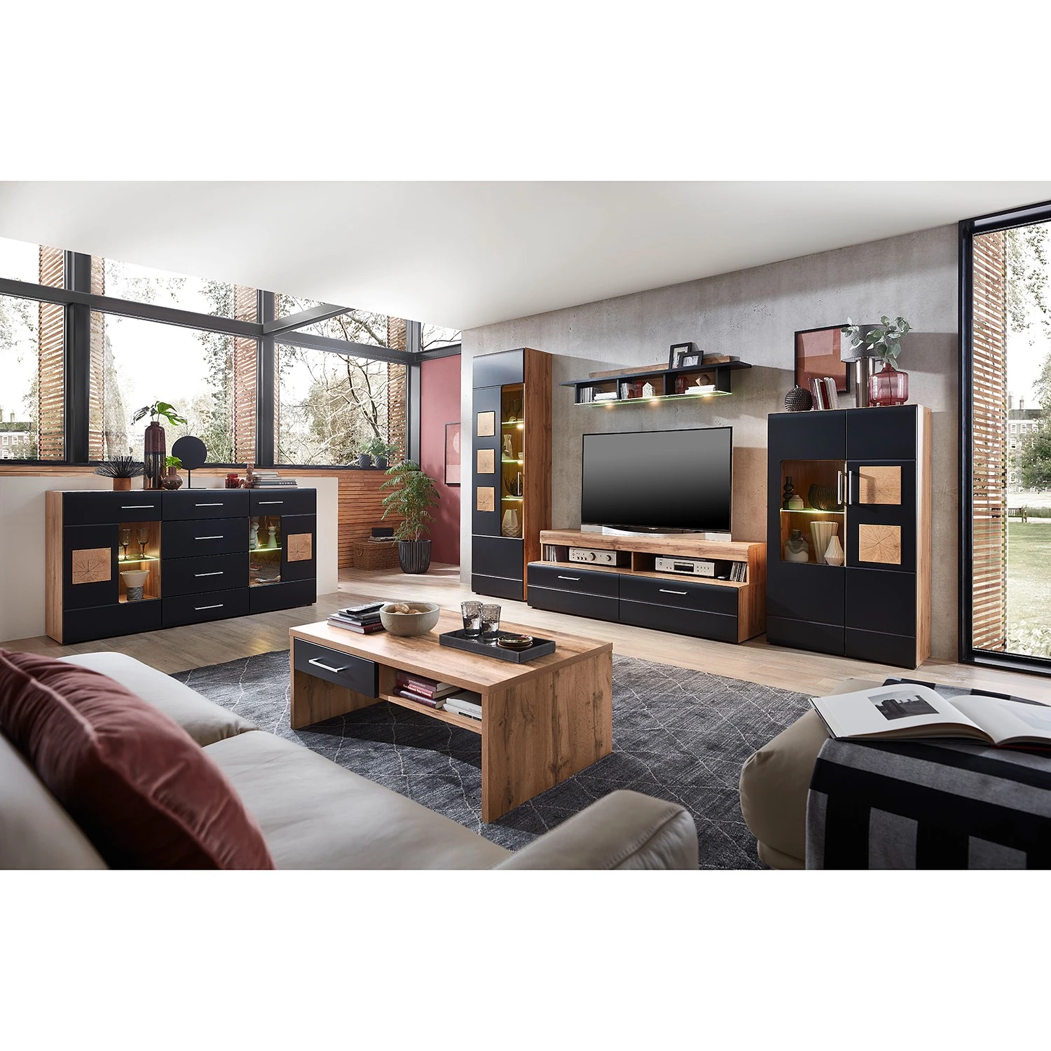 Loftscape Wohnwand Belloc (4-teilig) - Inkl. Beleuchtung - Matt Schwarz / Eiche Dekor 2 Loftscape Wohnwand Belloc (4-teilig) - Inkl. Beleuchtung - Matt Schwarz / Eiche Dekor – Bild 2