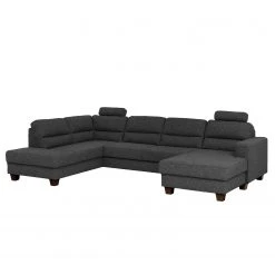 Fredriks Wohnlandschaft Valines - Webstoff - Webstoff Kona: Schwarz - Longchair davorstehend rechts / Ottomane links - Mit Schlaffunktion - Mit Kopfstütze