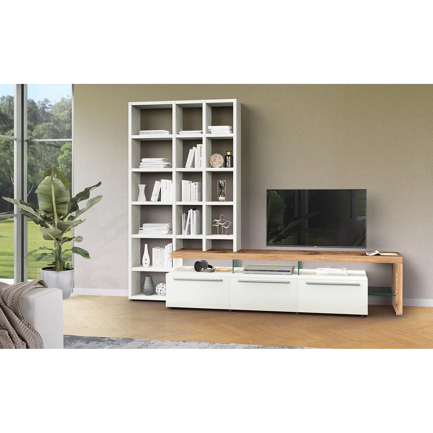 GWINNER Wohnkombination Bellano I (2-teilig) - Echtholzfurnier - Matt Weiß / Balkeneiche - Ausrichtung rechts - Mit Beleuchtung 2 GWINNER Wohnkombination Bellano I (2-teilig) - Echtholzfurnier - Matt Weiß / Balkeneiche - Ausrichtung rechts - Mit Beleuchtung – Bild 2