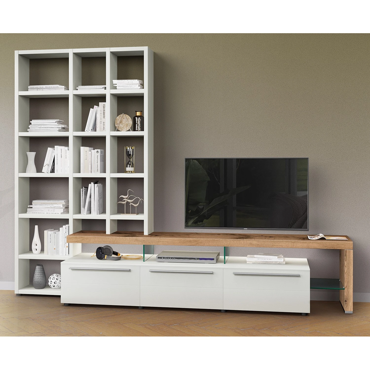 GWINNER Wohnkombination Bellano I (2-teilig) - Echtholzfurnier - Matt Weiß / Balkeneiche - Ausrichtung rechts - Mit Beleuchtung 1 GWINNER Wohnkombination Bellano I (2-teilig) - Echtholzfurnier - Matt Weiß / Balkeneiche - Ausrichtung rechts - Mit Beleuchtung