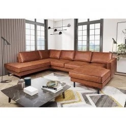 Wohnlandschaft FORT DODGE - Antiklederlook - Microfaser Yaka: Cognac - Longchair davorstehend rechts / Ottomane links - Mit Hocker -Wohnzimmermöbel boutique en ligne 1000262009 210428 13323600091 MOOD DETAILS P000000001000262009 mood