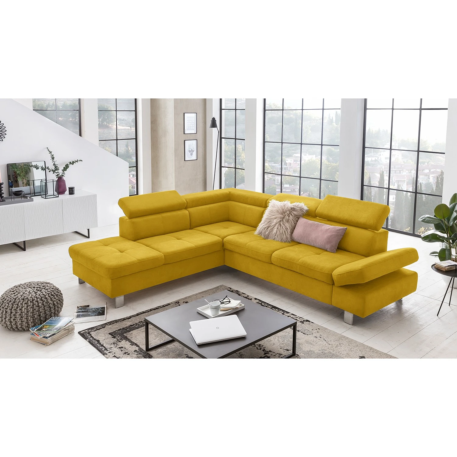 Loftscape Ecksofa Calau - Microfaser - Microfaser Enza: Senfgelb - Ottomane davorstehend links - Mit Schlaffunktion 2 Loftscape Ecksofa Calau - Microfaser - Microfaser Enza: Senfgelb - Ottomane davorstehend links - Mit Schlaffunktion – Bild 2