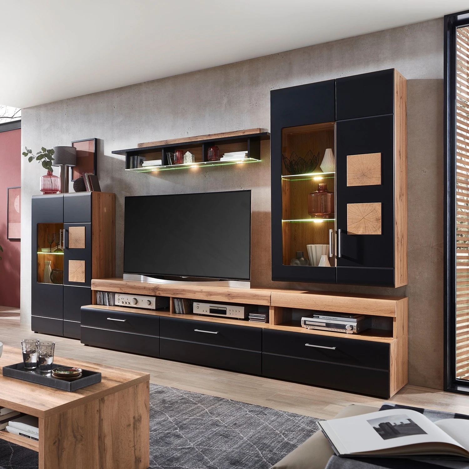 Loftscape Wohnwand Belloc III (5-teilig) - Inkl. Beleuchtung - Matt Schwarz / Eiche Dekor 1 Loftscape Wohnwand Belloc III (5-teilig) - Inkl. Beleuchtung - Matt Schwarz / Eiche Dekor