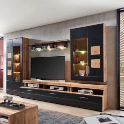 Loftscape Wohnwand Belloc II (5-teilig) - Inkl. Beleuchtung - Matt Schwarz / Eiche Dekor
