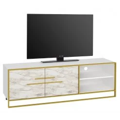 Loftscape TV-Lowboard Pisek - Metall - Marmor Weiß Dekor / Gold