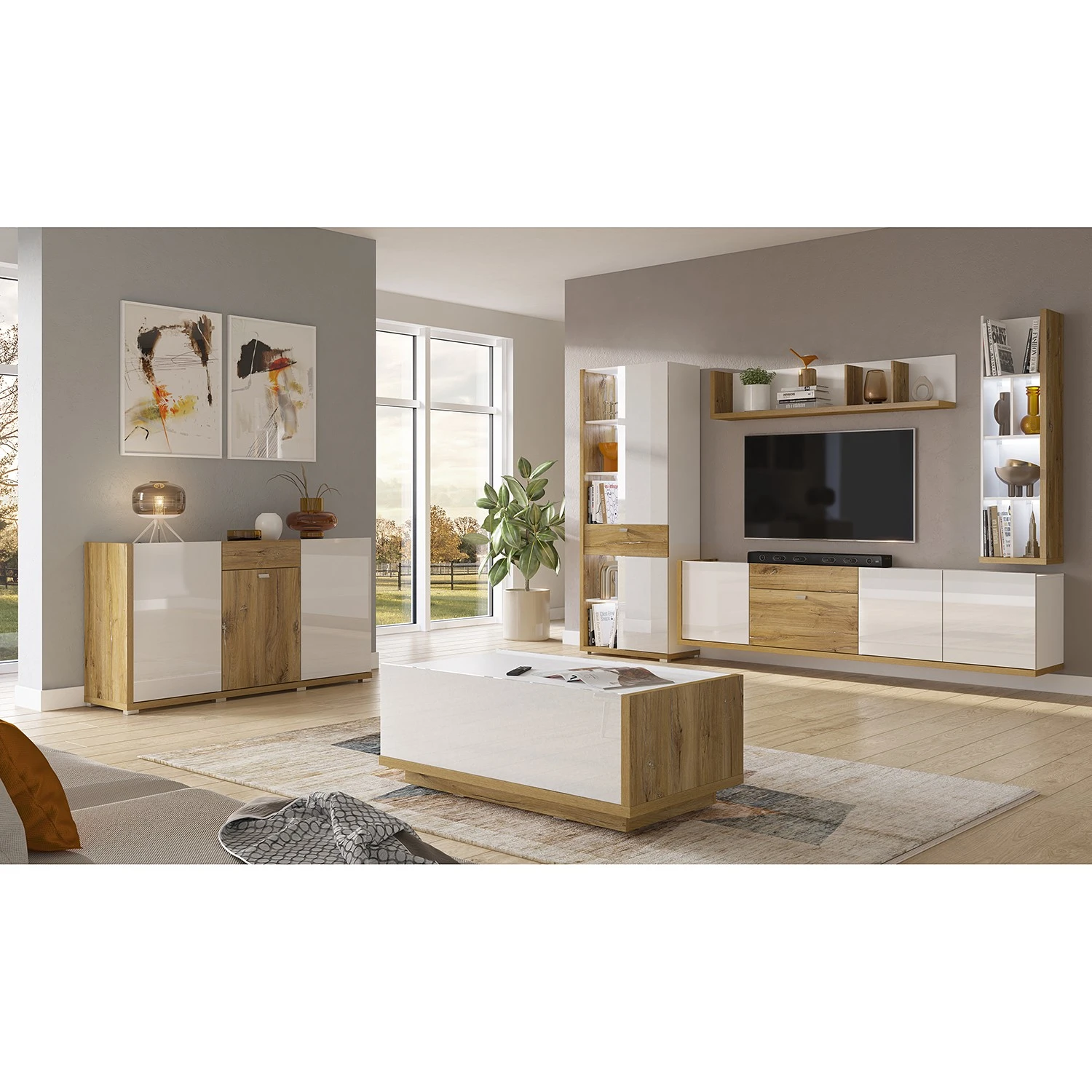 Loftscape Couchtisch Lahntal - Hochglanz Weiß / Risseiche Dekor 2 Loftscape Couchtisch Lahntal - Hochglanz Weiß / Risseiche Dekor – Bild 2