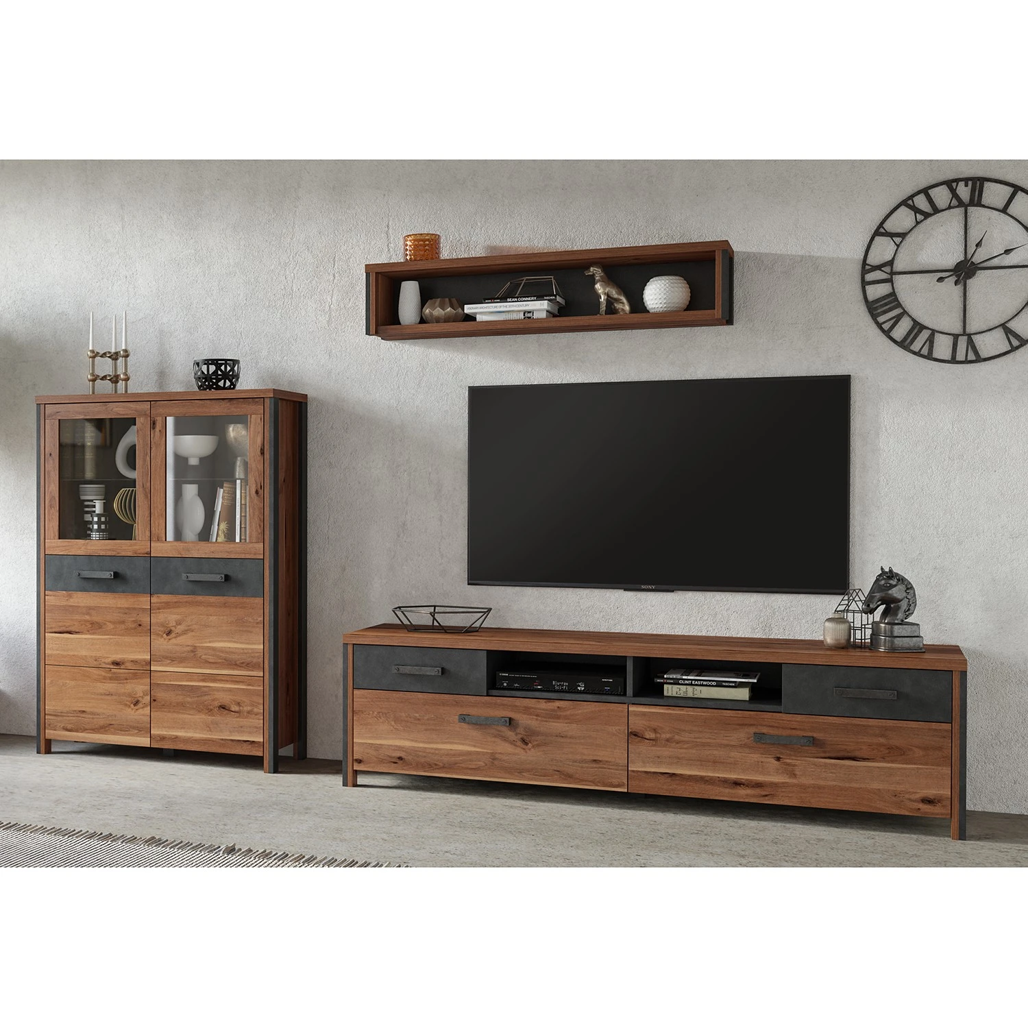 Red Living Wohnwand Belchatow I (3-teilig) - Eiche Dekor / Anthrazit 1 Red Living Wohnwand Belchatow I (3-teilig) - Eiche Dekor / Anthrazit