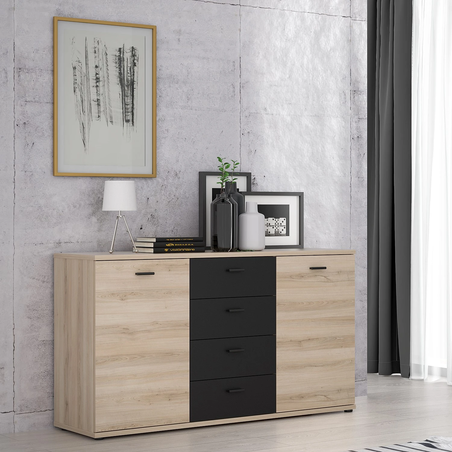 Loftscape Sideboard Piemont I - Schwarz / Eiche Bianco Dekor 2 Loftscape Sideboard Piemont I - Schwarz / Eiche Bianco Dekor – Bild 2