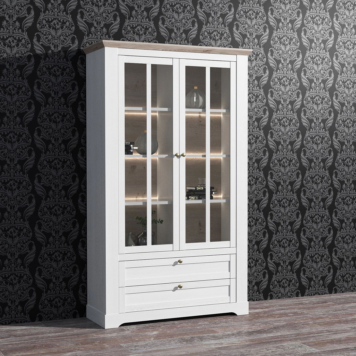 Ridgevalley Vitrinenschrank Sandvik - Inkl. Beleuchtung - Eiche Weiß Dekor / Eiche Nelson Dekor 2 Ridgevalley Vitrinenschrank Sandvik - Inkl. Beleuchtung - Eiche Weiß Dekor / Eiche Nelson Dekor – Bild 2