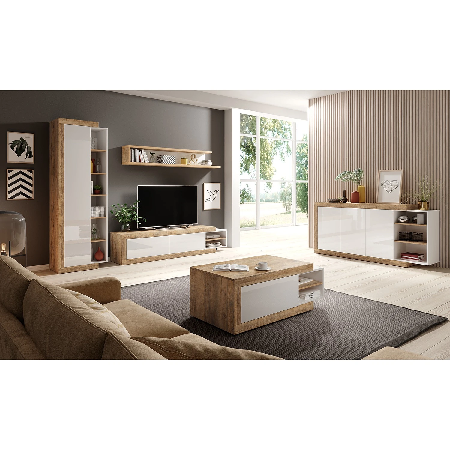 Loftscape Sideboard Shipley II - Hochglanz Weiß / Eiche Dekor - Breite: 180 cm 2 Loftscape Sideboard Shipley II - Hochglanz Weiß / Eiche Dekor - Breite: 180 cm – Bild 2