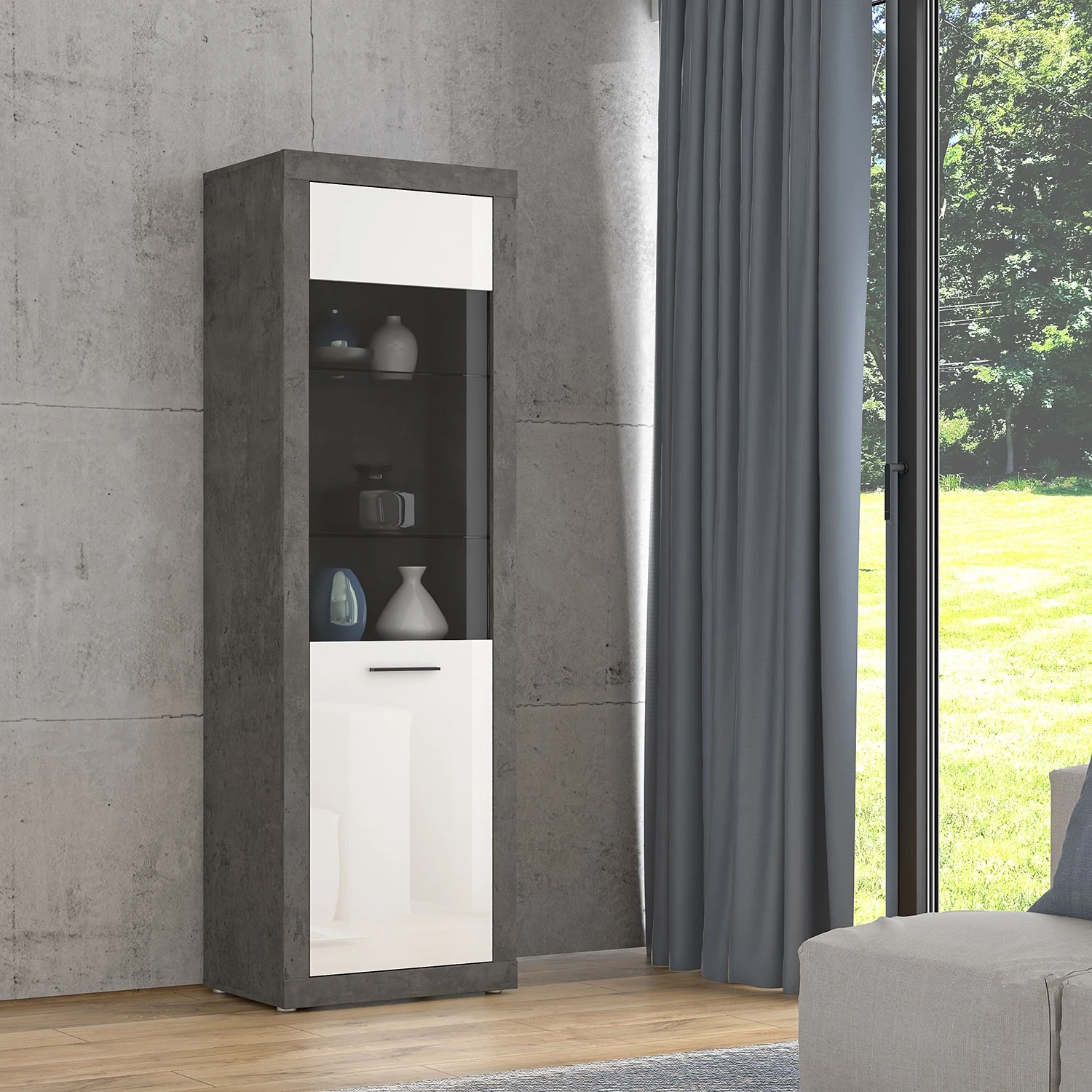 Loftscape Standvitrine Vetras - Hochglanz Weiß / Beton Dekor 2 Loftscape Standvitrine Vetras - Hochglanz Weiß / Beton Dekor – Bild 2