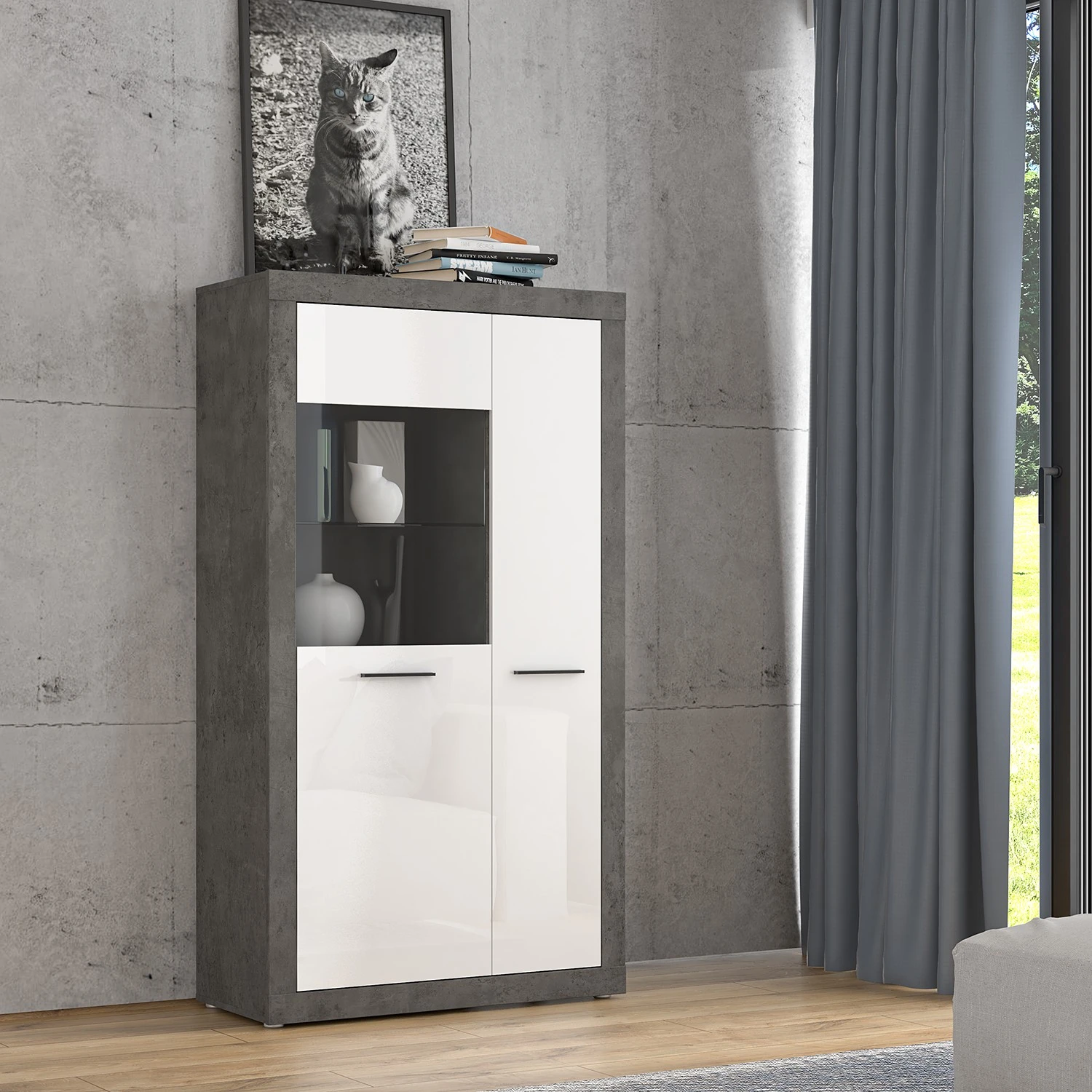 Loftscape Vitrinenschrank Vetras - Hochglanz Weiß / Beton Dekor 2 Loftscape Vitrinenschrank Vetras - Hochglanz Weiß / Beton Dekor – Bild 2