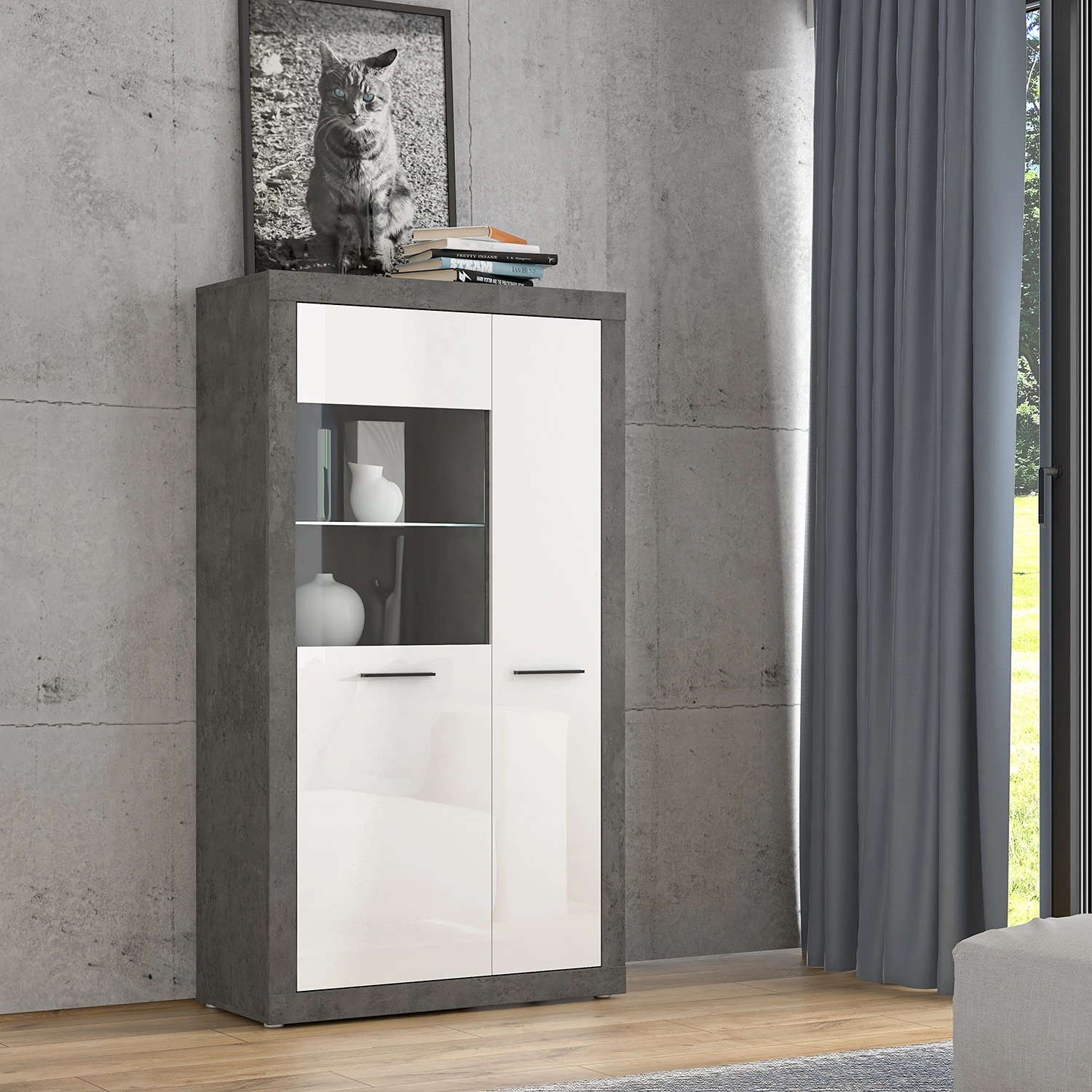 Loftscape Vitrinenschrank Vetras - Hochglanz Weiß / Beton Dekor 3 Loftscape Vitrinenschrank Vetras - Hochglanz Weiß / Beton Dekor – Bild 3