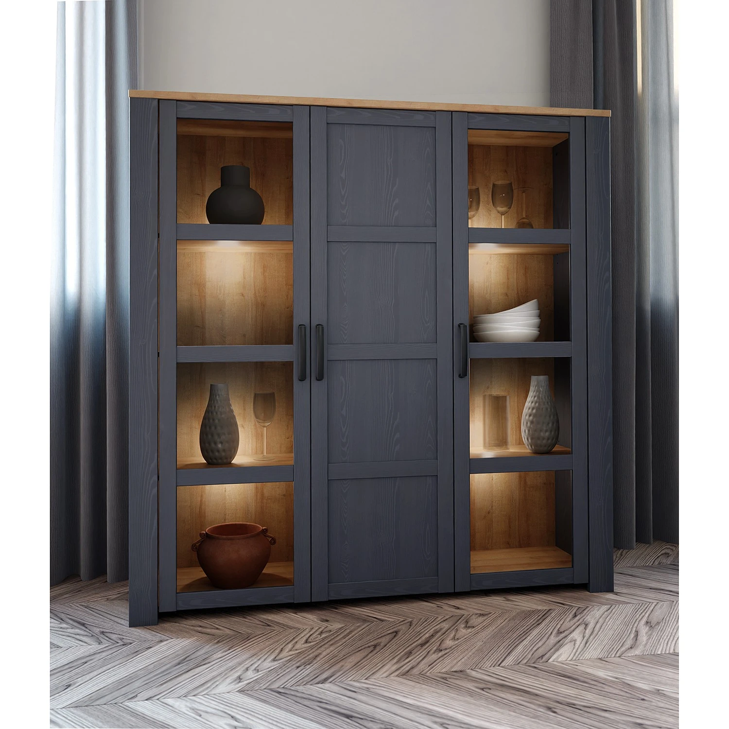 Ridgevalley Vitrinenschrank Vassia II - Eiche Navy Dekor / Eiche Riviera Dekor 2 Ridgevalley Vitrinenschrank Vassia II - Eiche Navy Dekor / Eiche Riviera Dekor – Bild 2