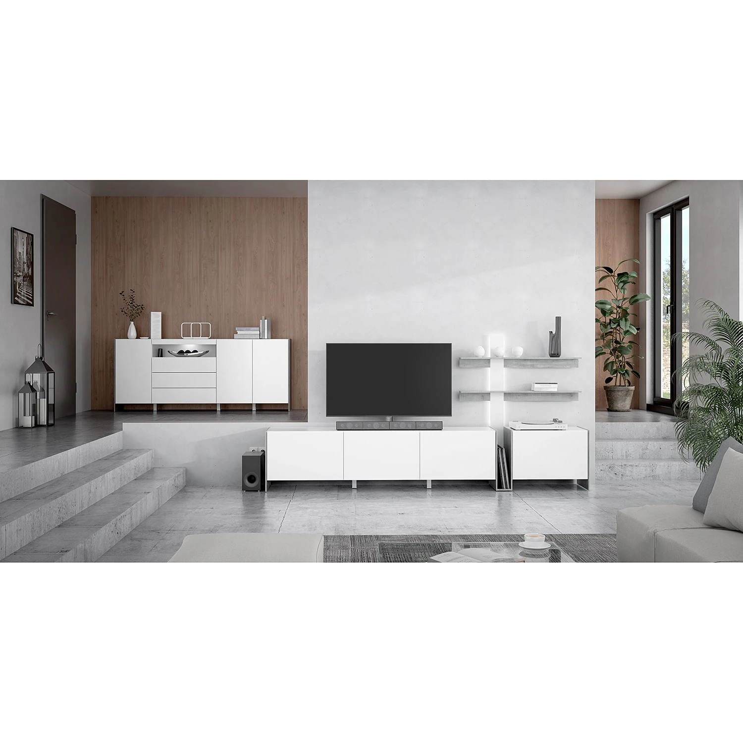 Loftscape Wohnwand Urban II (3-teilig) - Inkl. Beleuchtung - Weiß / Eiche Grau Dekor 2 Loftscape Wohnwand Urban II (3-teilig) - Inkl. Beleuchtung - Weiß / Eiche Grau Dekor – Bild 2