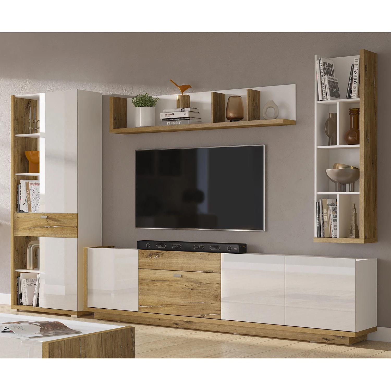 Loftscape Wohnwand Lahntal II (4-teilig) - Hochglanz Weiß / Risseiche Dekor 1 Loftscape Wohnwand Lahntal II (4-teilig) - Hochglanz Weiß / Risseiche Dekor