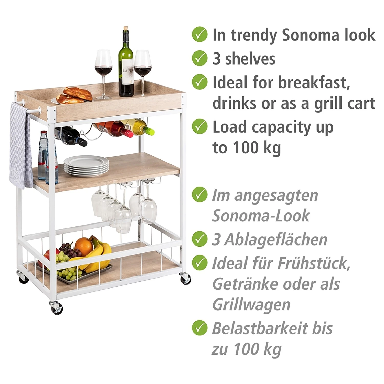 WENKO Servierwagen Rustico - Eiche Sonoma Dekor / Weiß 8 WENKO Servierwagen Rustico - Eiche Sonoma Dekor / Weiß – Bild 8