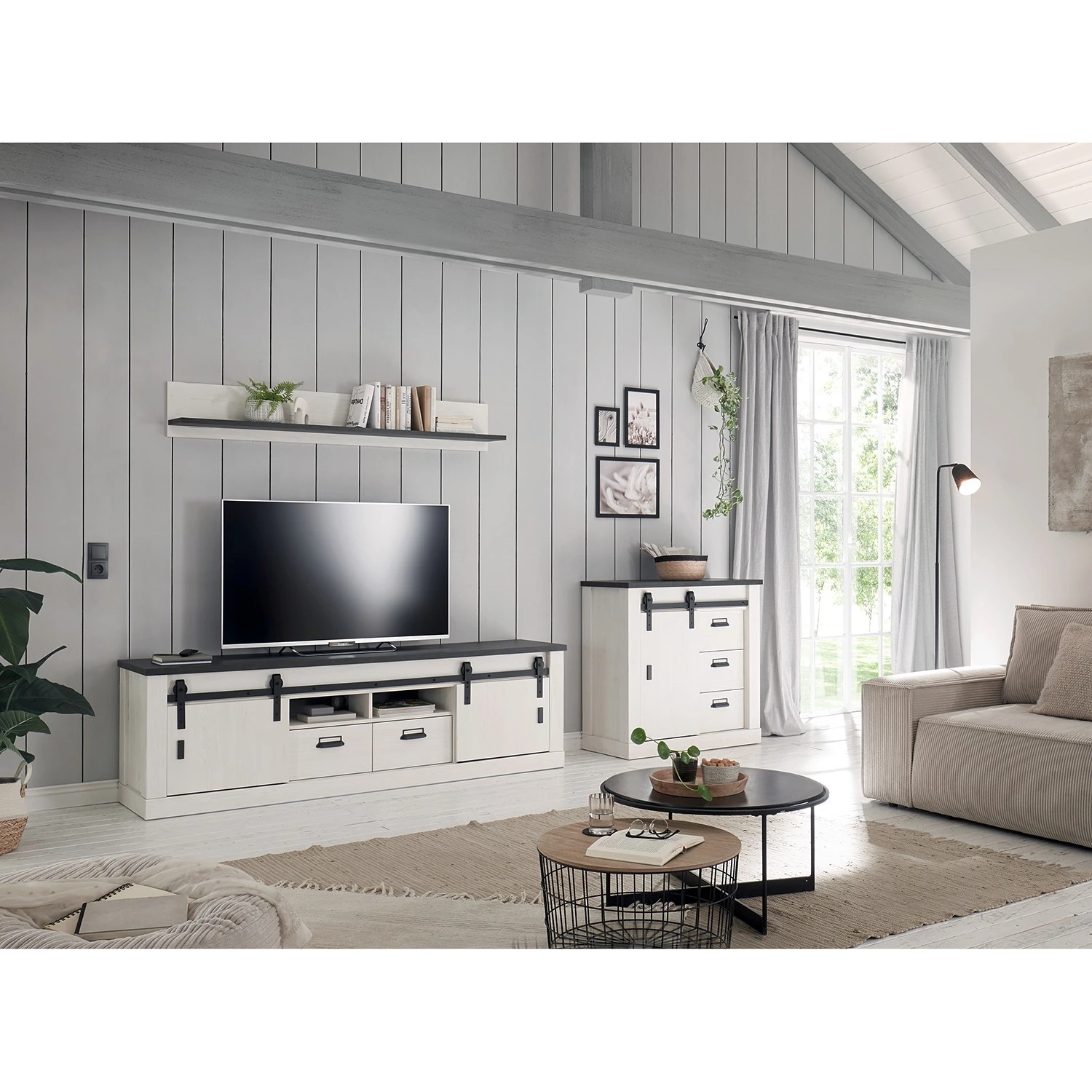 Ridgevalley Wohnwand Shutter II (3-teilig) - Pinie Weiß Dekor 2 Ridgevalley Wohnwand Shutter II (3-teilig) - Pinie Weiß Dekor – Bild 2