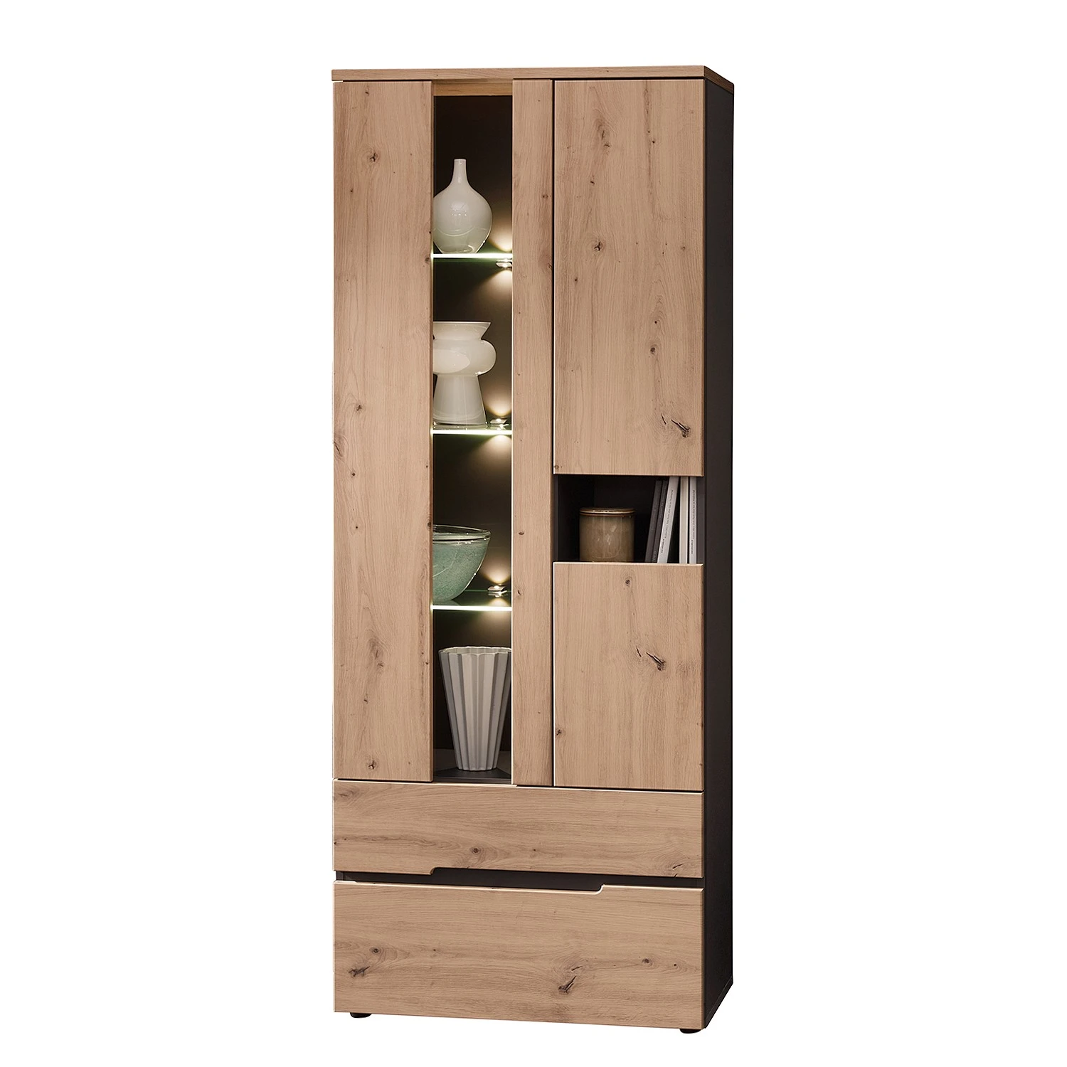 Loftscape Vitrinenschrank Moosic - Inkl. Beleuchtung - Eiche Artisan Dekor / Graphit 1 Loftscape Vitrinenschrank Moosic - Inkl. Beleuchtung - Eiche Artisan Dekor / Graphit