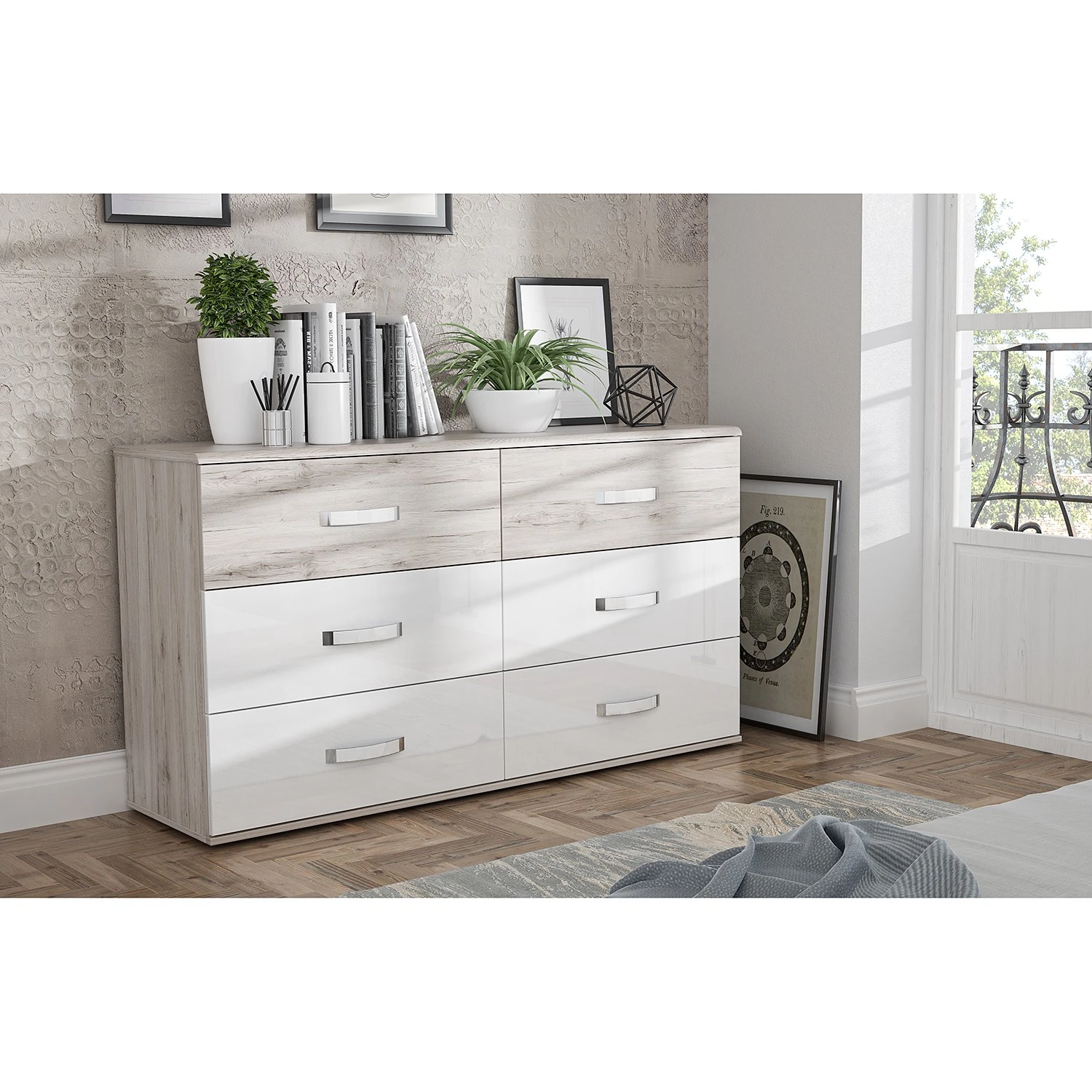 Loftscape Kommode Asperen - Sandeiche Dekor / Hochglanz Weiß - Breite: 150 cm 2 Loftscape Kommode Asperen - Sandeiche Dekor / Hochglanz Weiß - Breite: 150 cm – Bild 2