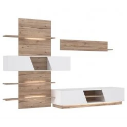 Loftscape Wohnwand Camolin (3-teilig) - Hochglanz Weiß / Eiche Dekor