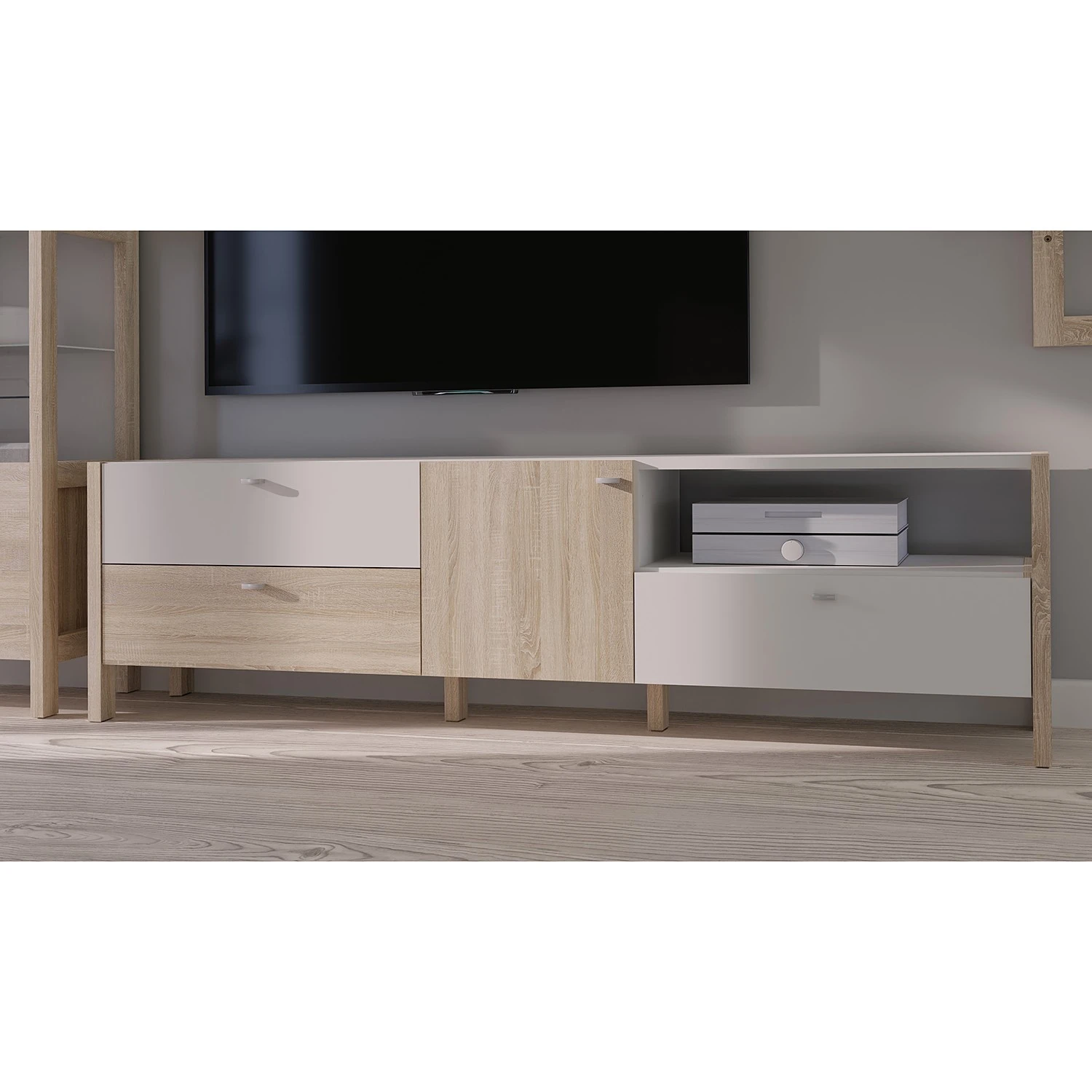 Loftscape TV-Lowboard Thurles - Eiche Sonoma Dekor / Weiß 2 Loftscape TV-Lowboard Thurles - Eiche Sonoma Dekor / Weiß – Bild 2